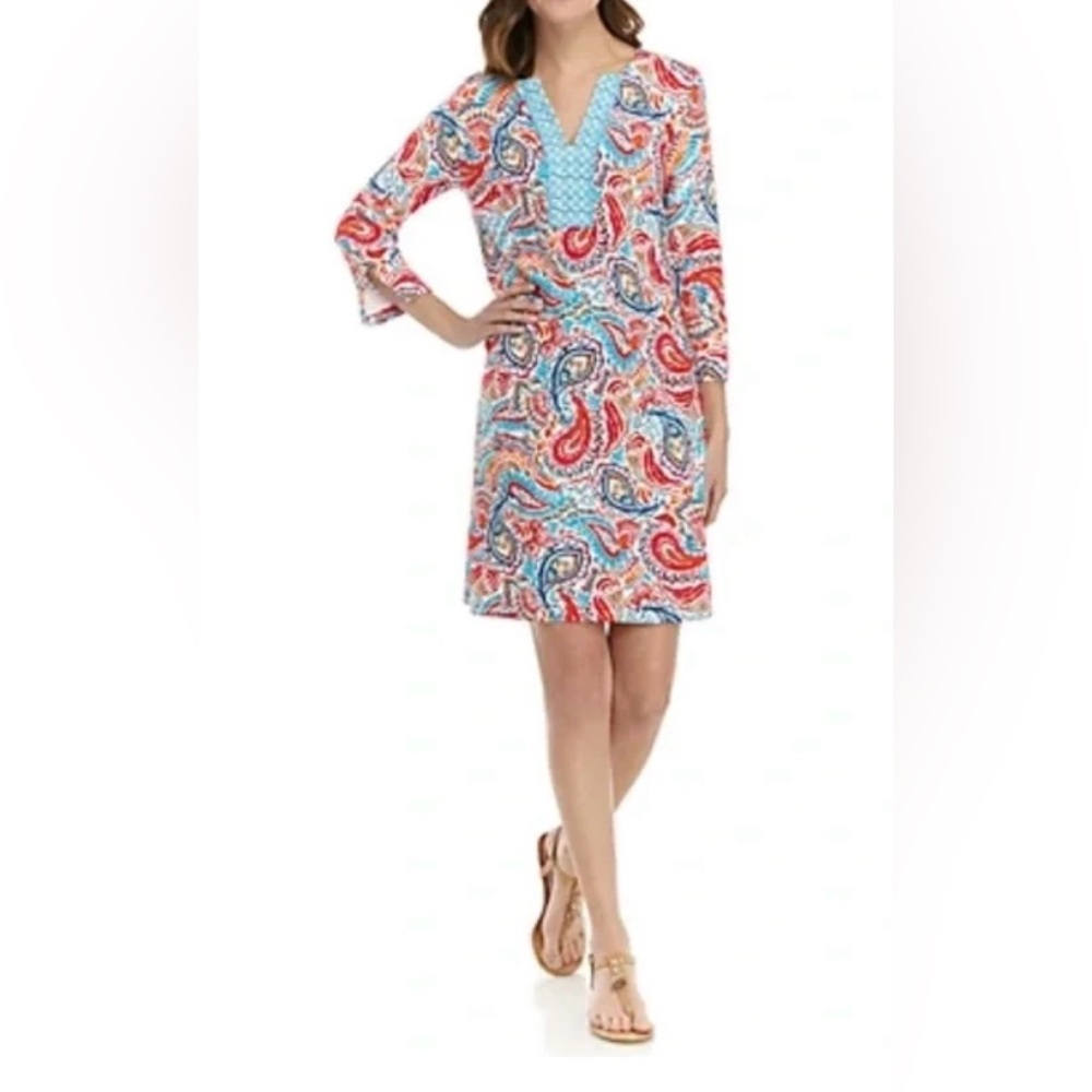 Crown & Ivy Vibrant Paisley Petite M Dress 3/4 Sleeve Split Front V-Neck Stretch